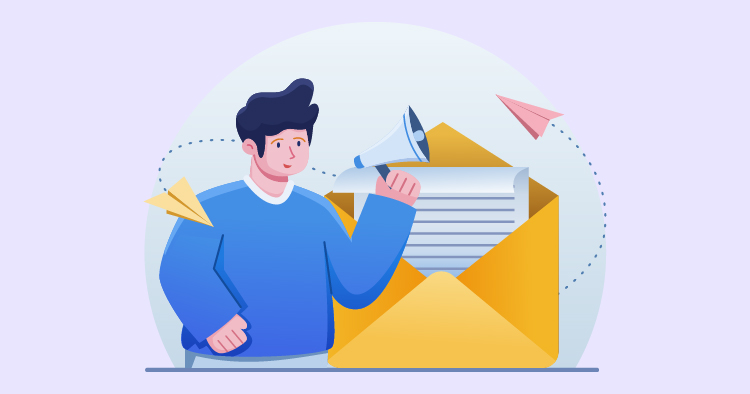 Illustration of a young man holding a megaphone and a rolled-up document, standing next to an open envelope, symbolizing communication and messaging. Background features paper airplanes, representing the delivery of messages.