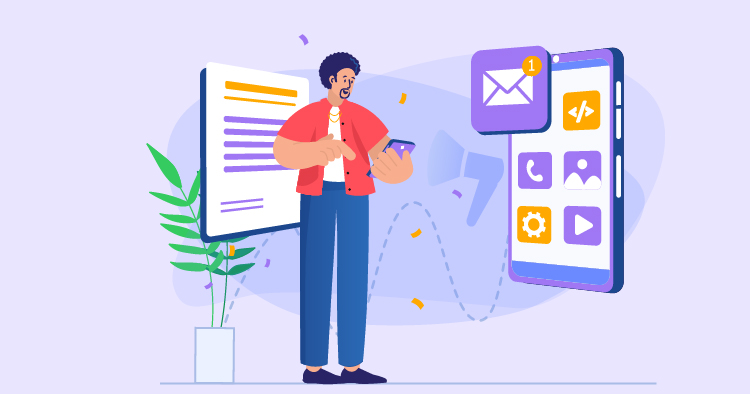 A man using a smartphone while standing beside a plant and a digital display with text, representing mobile communication and technology.