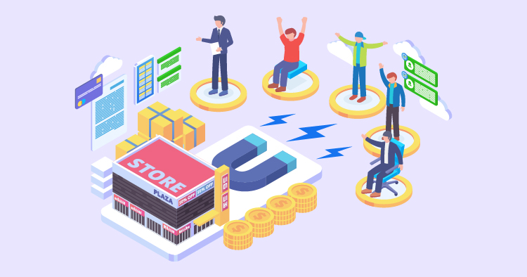 Illustration depicting a retail store environment with diverse characters representing customers and employees. The scene includes a store building, digital interfaces, and symbols of engagement and commerce, highlighting themes of customer interaction and business growth.