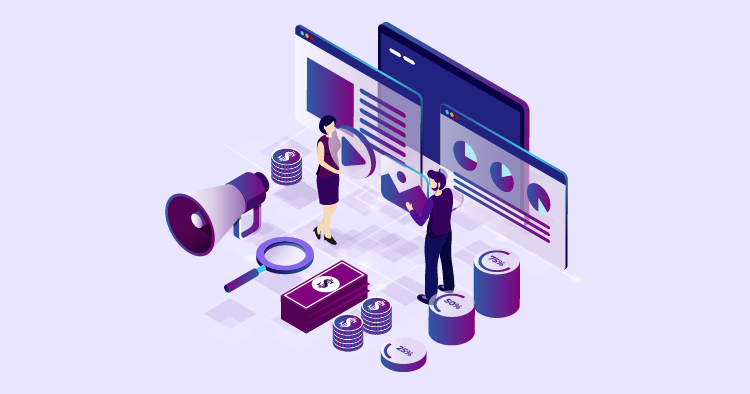 Business professionals analyzing financial data with graphs and charts on digital screens, surrounded by money and a megaphone, representing marketing and investment strategies.