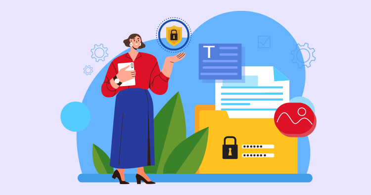 Illustration of a woman in a red blouse and blue skirt holding a document, surrounded by digital security symbols, including a padlock and password fields, with folders and text files in the background, representing data protection and cybersecurity concepts.