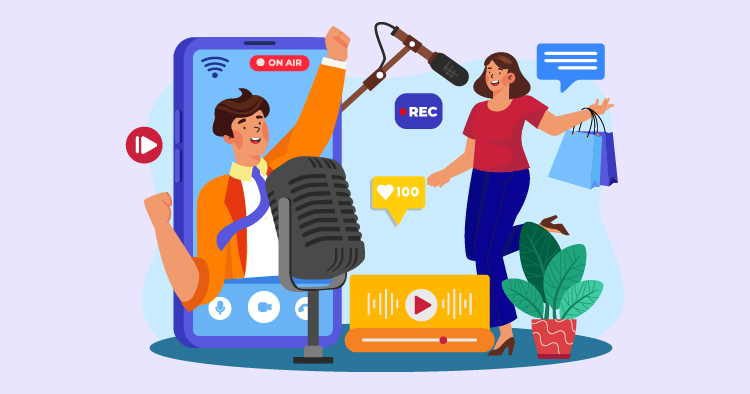 Illustration of a man hosting a live podcast on a smartphone while a woman engages enthusiastically nearby, featuring a microphone, sound waves, and social media icons, representing digital content creation and online interaction.