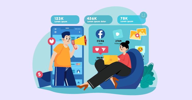Illustration of a social media marketing scene featuring a man with a megaphone promoting content on a smartphone, while a woman engages with social media analytics on a laptop. The image displays various engagement metrics such as likes and followers, emphasizing digital marketing strategies and user interaction.