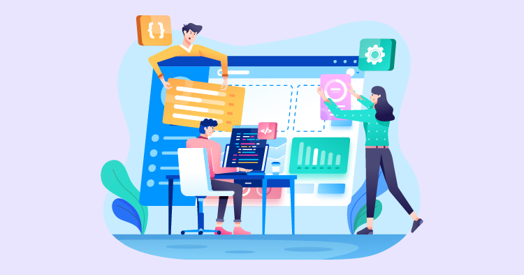 Illustration of a software development team working collaboratively, featuring a programmer at a desk with code on the screen and team members interacting with digital elements like graphs and code snippets. The background includes colorful icons representing software tools and data visualization.