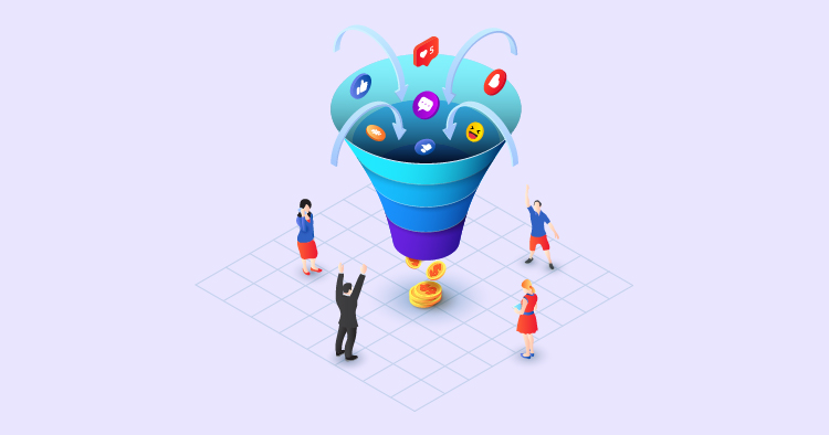 Illustration of a marketing funnel with social media icons at the top and people engaging with it below, symbolizing customer engagement and conversion in digital marketing.