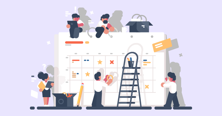 Illustration of a team organizing a calendar, featuring individuals collaborating, using a ladder, and managing tasks with tools, highlighting productivity and project management.