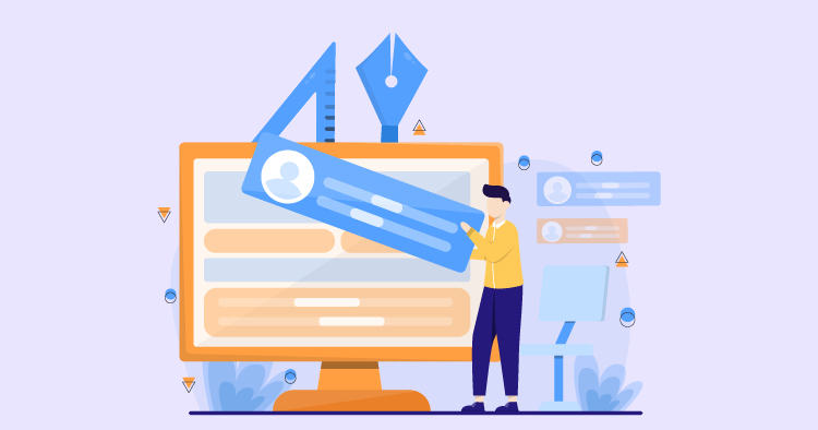 Illustration of a person interacting with a large computer screen displaying user profile cards and design elements, symbolizing digital content creation and user interface design.