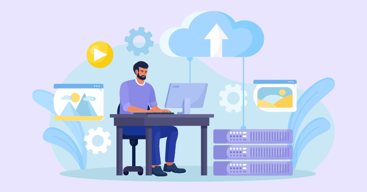 Illustration of a man working at a desk with a computer, focused on cloud computing and data management, surrounded by digital elements like gears and server racks.