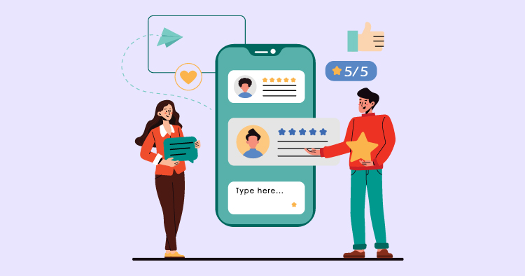 Illustration of a woman holding a feedback form and a man showing a five-star rating on a smartphone, symbolizing customer reviews and feedback in a digital context.
