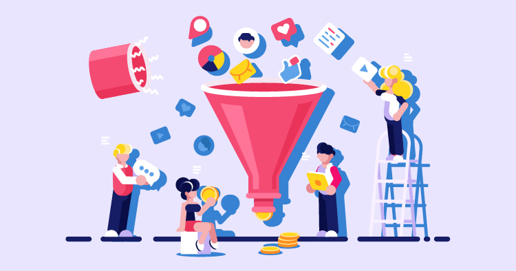 Illustration of a marketing funnel with diverse characters engaging with digital icons representing social media, communication, and data analysis. The funnel symbolizes the process of converting leads into customers, highlighting key elements of digital marketing strategies.