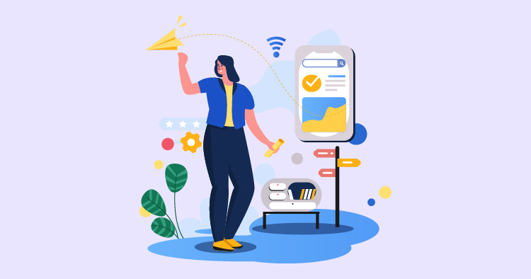 Illustration of a woman holding a paper airplane, symbolizing innovation and progress, standing next to a smartphone displaying analytics, with various icons representing technology and direction in a modern, colorful design.