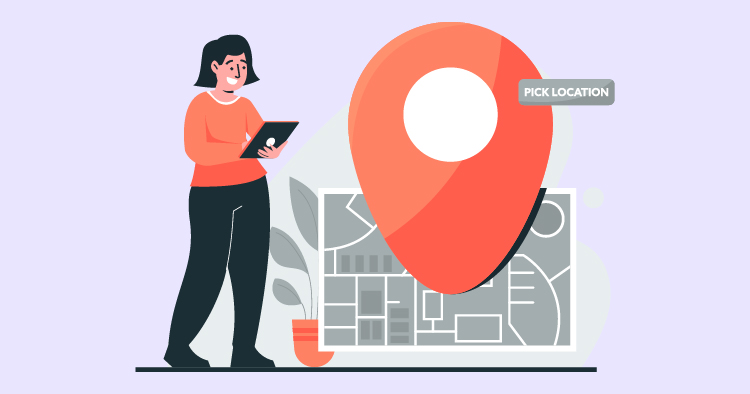 A woman using a tablet to select a location on a digital map, with a large red location pin prominently displayed. The image conveys themes of navigation, technology, and user interaction with mapping services.