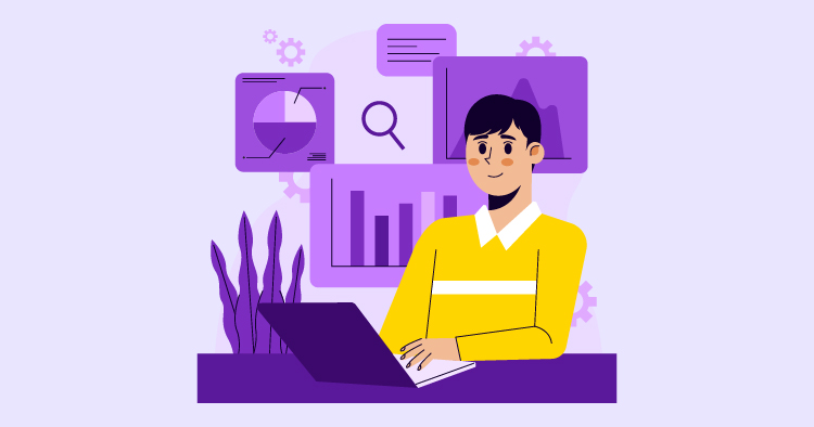 Young man in a yellow sweater working on a laptop, surrounded by colorful data charts and graphs, representing data analysis and digital marketing concepts.