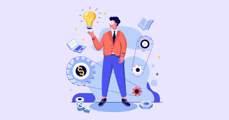 Illustration of a business professional standing confidently with a light bulb above his head, symbolizing innovation and ideas. Surrounding him are gears, books, and dollar signs, representing finance, knowledge, and technology in a modern workspace.