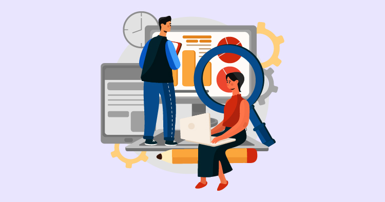 Illustration of two professionals analyzing data; one standing with a notepad and the other seated with a laptop, surrounded by charts and a magnifying glass, symbolizing research and analytics in a business environment.