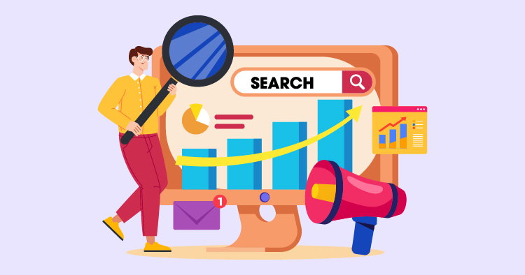 Illustration of a man using a magnifying glass next to a computer screen displaying search analytics, including bar graphs and charts, symbolizing digital marketing and SEO strategies.