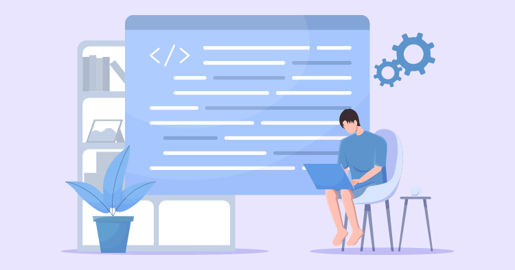 A person coding on a laptop in front of a large screen displaying code snippets, with plants and gears in the background, representing a modern software development environment.