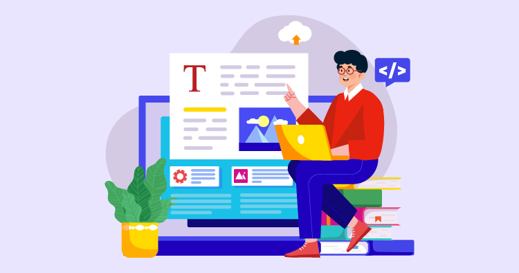 Illustration of a person sitting with a laptop, engaged in web design or content creation, surrounded by digital elements like text, images, and coding symbols, emphasizing modern technology and creativity in digital media.