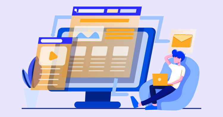 Illustration of a person working on a laptop next to a large computer screen displaying website design elements, including graphs and text layouts, symbolizing digital marketing and web development.