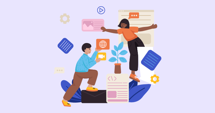 Two diverse individuals collaborating in a creative workspace, surrounded by digital elements and graphics, representing teamwork and innovation in technology and design.