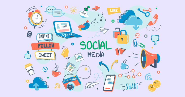 Colorful illustration representing social media concepts, featuring icons like laptops, smartphones, clouds, and various social media actions such as liking, sharing, and following.
