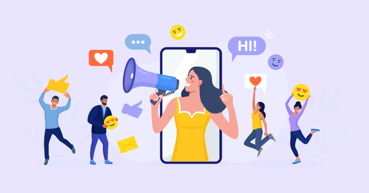 Illustration of a woman using a megaphone while speaking from a smartphone, surrounded by speech bubbles and emojis, representing social media communication and engagement. Two people are interacting on either side, one holding a smiley face and the other raising a heart symbol.