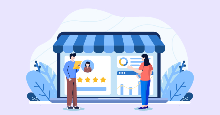 Illustration of a storefront with a customer reviewing a profile on a digital device while a shop assistant presents data analytics, highlighting customer feedback and ratings.