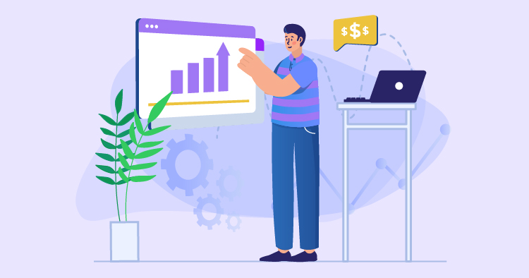Illustration of a man analyzing a growth chart on a screen, symbolizing business progress. He stands next to a laptop on a desk and a potted plant, with gears in the background, representing technology and analytics.