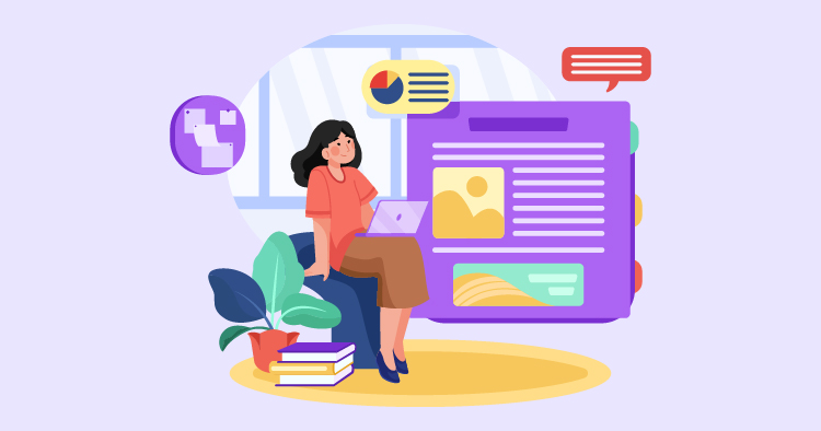 Woman working on a laptop in a modern office setting, surrounded by books and a potted plant, with digital graphics and charts displayed on a screen, illustrating a productive work environment.