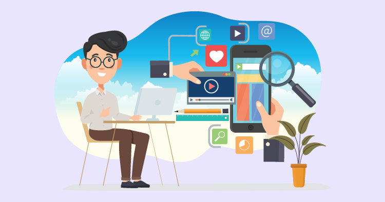 Illustration of a young man working on a laptop, surrounded by digital icons representing social media, video content, and communication tools, symbolizing online marketing and digital engagement strategies.