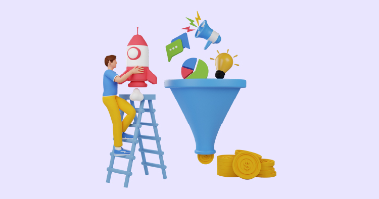 A person on a ladder assembling a rocket next to a funnel, with various marketing symbols like light bulbs, charts, and coins, representing digital marketing and business growth strategies.