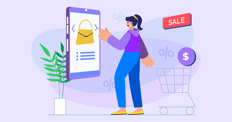 A woman interacting with a smartphone displaying an online shopping interface, featuring a handbag and sale banner, with a shopping cart and dollar sign in the background, illustrating e-commerce and digital shopping trends.