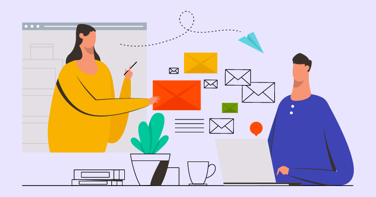 Illustration of a woman presenting colorful envelopes and messages to a man working on a laptop, surrounded by plants and office supplies, symbolizing digital communication and email marketing strategies.