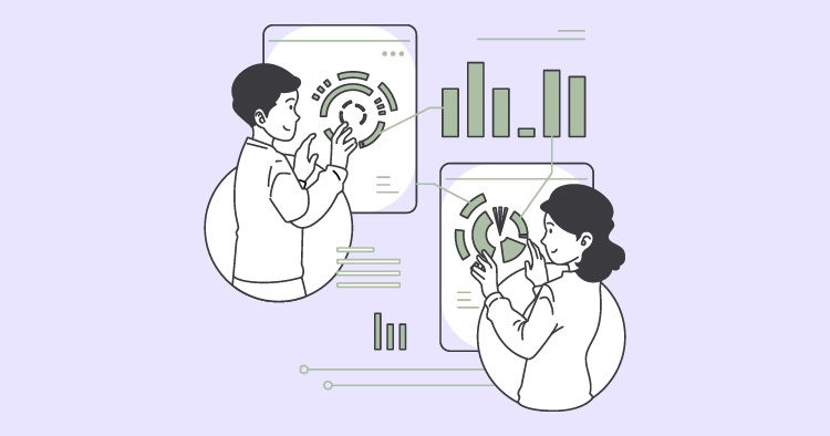 Two professionals analyzing data on digital screens, with graphs and charts displayed. One person interacts with a touchscreen, while the other examines visual data insights, illustrating teamwork in data analysis and visualization.