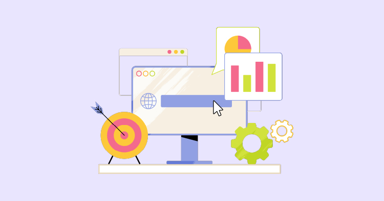 Illustration of a computer screen displaying a search bar, surrounded by a target, graphs, and gears, symbolizing digital marketing and SEO strategies.