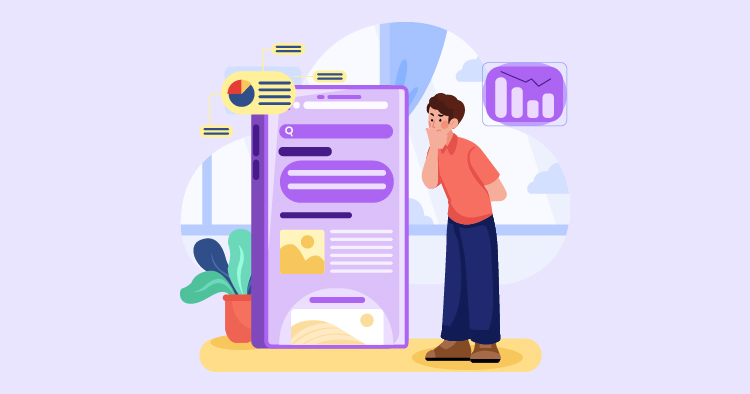 Illustration of a person pondering in front of a large smartphone displaying analytics and data visualization elements, symbolizing digital marketing and data analysis concepts. A potted plant is visible in the foreground, with a light background suggesting a modern workspace.