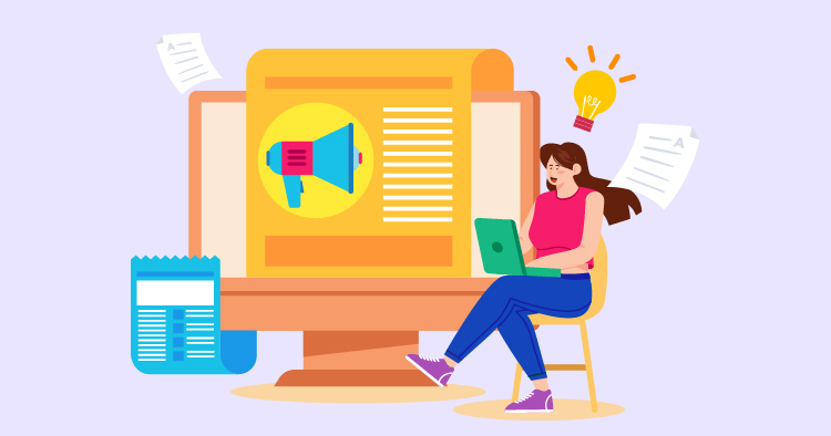 Woman using a laptop while sitting in a chair, with a computer screen displaying a megaphone and text, symbolizing digital marketing and content creation.