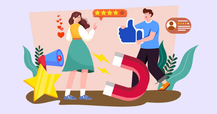 Illustration of a woman engaging with a man who holds a large thumbs-up sign, symbolizing positive feedback and social media interaction. The background features elements like a megaphone, a magnet, stars, and reviews, representing customer attraction and satisfaction in a vibrant, colorful design.