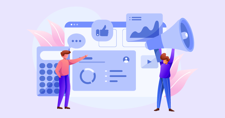 Two cartoon characters engaging with digital marketing tools, including a calculator, graphs, and a megaphone, set against a soft purple background. The image illustrates concepts of social media engagement and data analysis in a modern business environment.