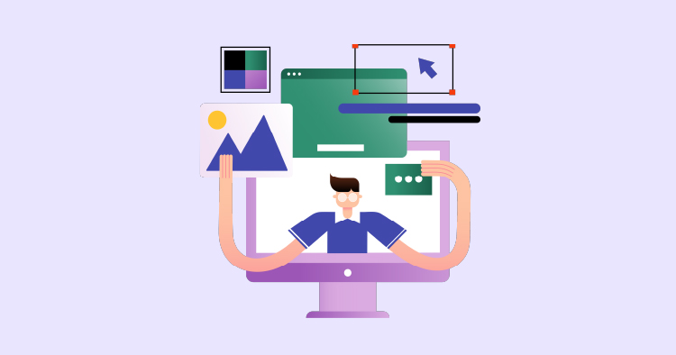 Illustration of a person working on a computer surrounded by various digital elements like images, graphics, and interface icons, representing digital design and technology.
