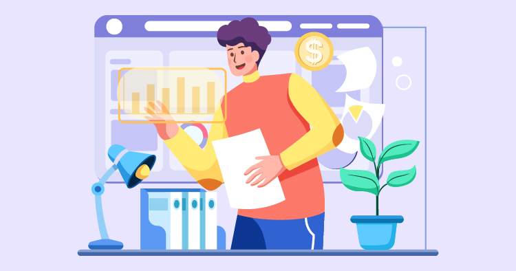 Person analyzing data charts in an office setting, holding documents with a plant and desk lamp in the background, representing productivity and finance.