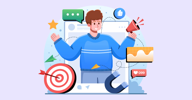 Illustration of a young man in a blue sweater surrounded by social media icons, including likes, comments, and shares, emphasizing digital marketing and engagement strategies. Features a target and magnet symbolizing goal-oriented marketing approaches.