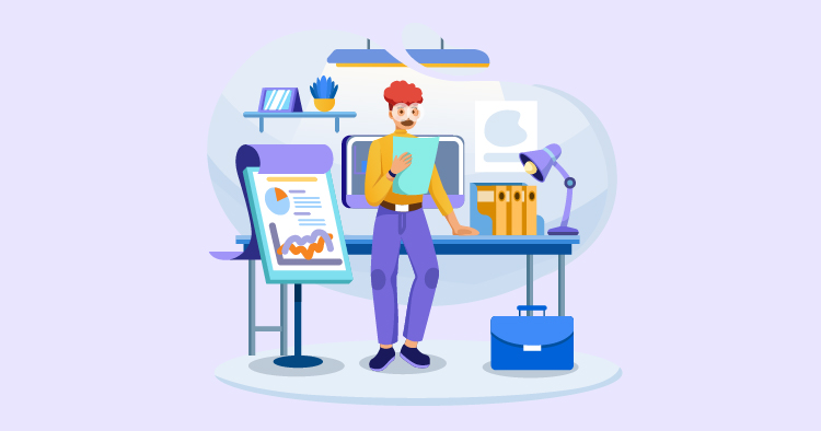 Illustration of a man standing at a desk, reviewing documents, with a computer, office supplies, and a presentation board displaying charts and graphs in a modern workspace.