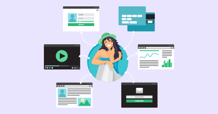 Illustration depicting a character surrounded by various digital elements, including a video player, web pages, and data analytics, symbolizing online engagement and digital marketing strategies.