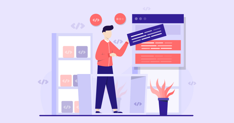 A digital illustration of a person engaging with a website interface, surrounded by coding symbols and shelves of books. The scene represents web development and programming concepts, highlighting the importance of coding in creating online content.