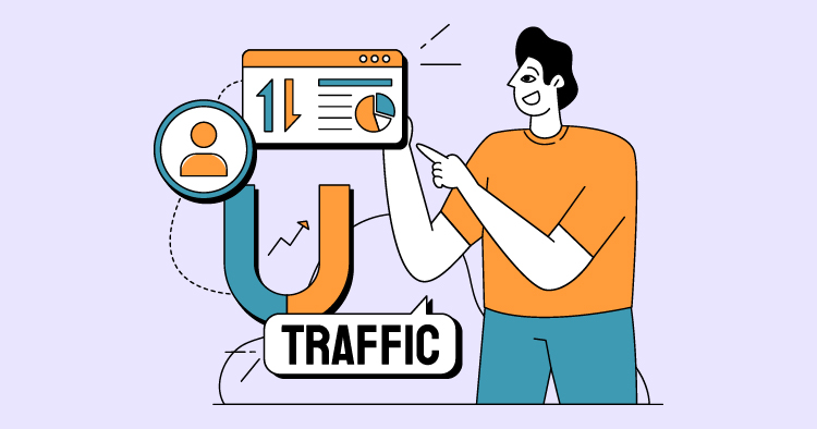 Illustration of a person in an orange shirt pointing at a digital dashboard displaying traffic analytics, emphasizing key metrics like user engagement and growth trends.