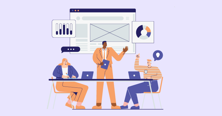 Business meeting illustration featuring three diverse professionals discussing data analytics and project strategies. The scene includes a laptop, charts, and a presentation on a screen, emphasizing collaboration and teamwork in a modern office setting.