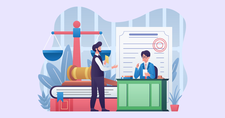 A lawyer advising a client in an office setting, with legal documents and scales of justice in the background, symbolizing legal services and consultation.