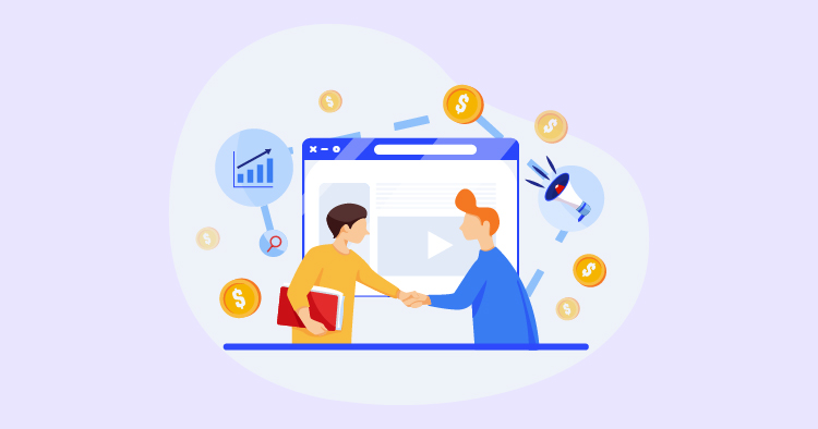 Illustration of two business professionals shaking hands in front of a computer screen displaying a video, surrounded by icons representing analytics, advertising, and monetary gains, symbolizing partnership and digital marketing success.