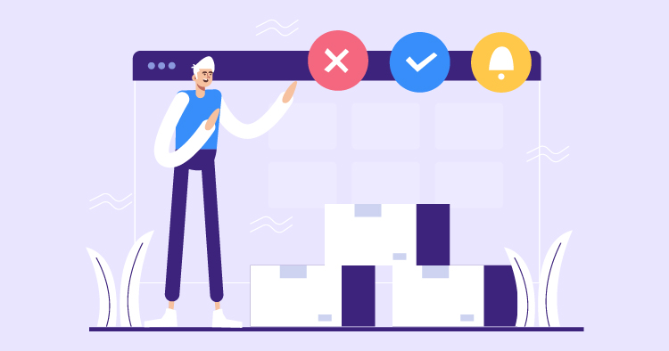 Illustration of a person interacting with a digital interface, featuring check and cross icons, alongside stacked boxes, symbolizing inventory management and logistics processes.